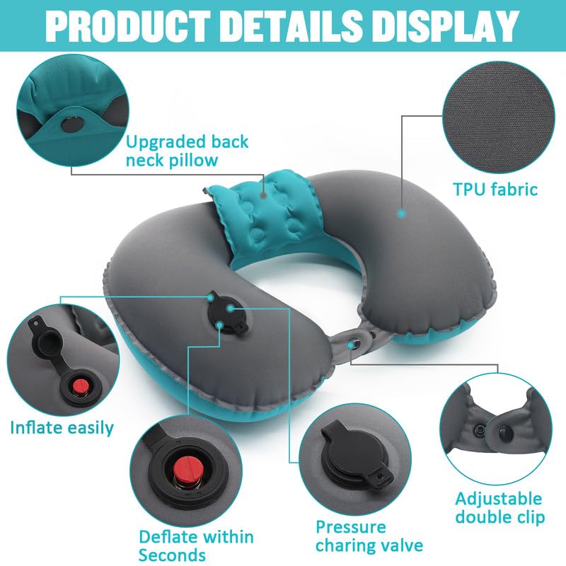 Neck Pillow Travel Neck Pillows Inflatable, Compact Portable Head and Neck Support Pillows in Flight, U Shaped Adjustable Ultralight Compact Neck Support Pillow for Lightweight Support/Rest (Gray)