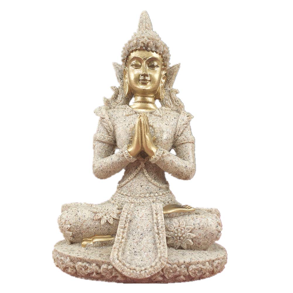 Buddha Statue for Home Office Tabletop, Thai Shakyamuni Sitting Statue with Bronze Finish, 4.3” Minimalist Sandstone Buddha for Zen Decor, Meditation Decor