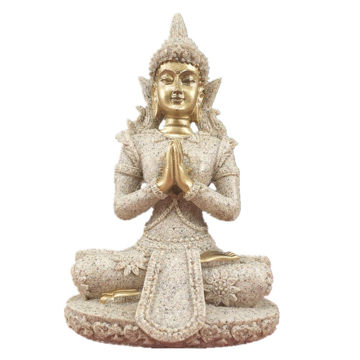 Buddha Statue for Home Office Tabletop, Thai Shakyamuni Sitting Statue with Bronze Finish, 4.3” Minimalist Sandstone Buddha for Zen Decor, Meditation Decor
