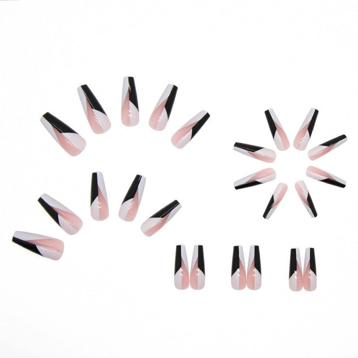 24Pcs Coffin Press on Nails Long Glossy Ballerina False Nails with Designs Black White Fake Nails Acrylic Nails Glue on Nails for Women and Girls