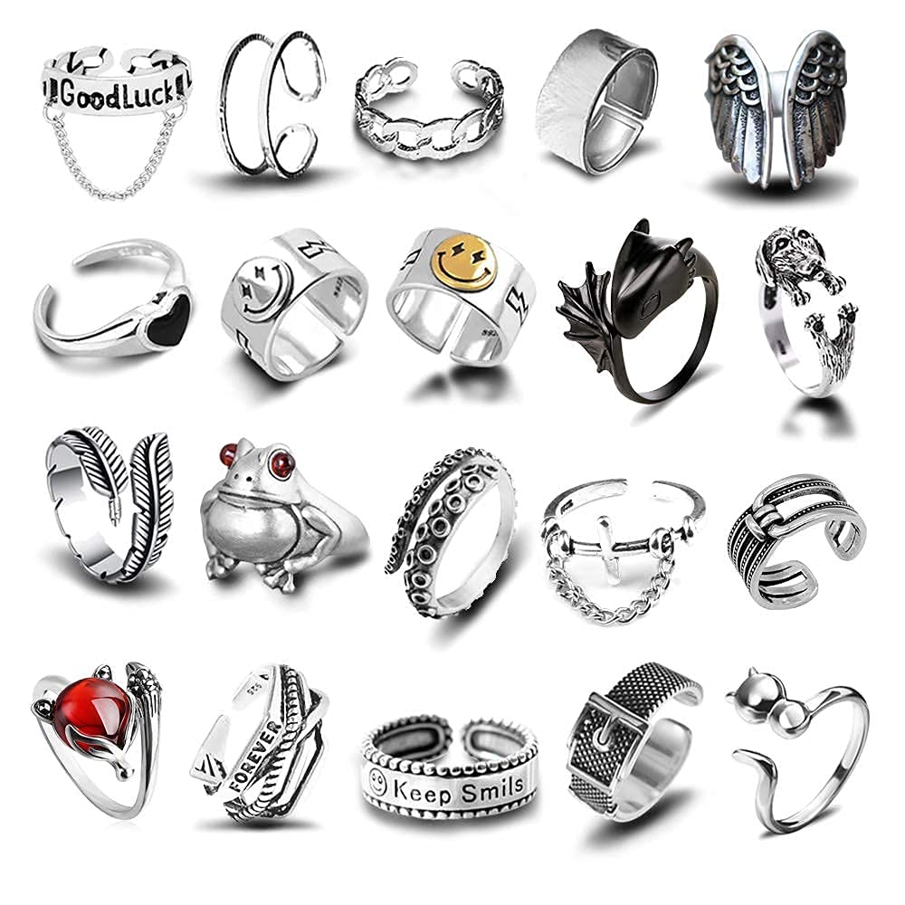 20 Pcs Open Rings Frog Leaf Chain Adjustable Ring for Women Men Punk Vintage Gothic Stackable Ring Jewelry Set
