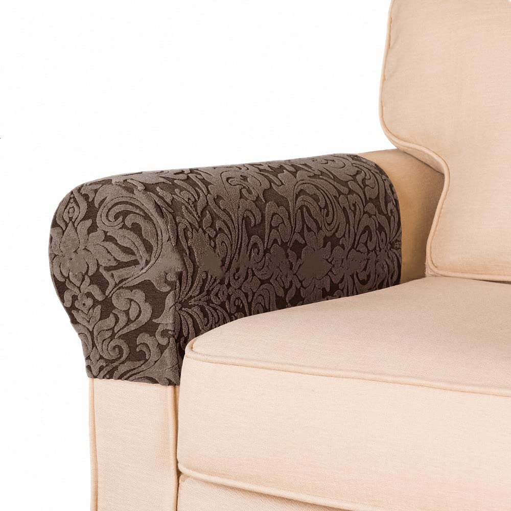 2PCS/Set Sofa Armrest Protectors for Armchairs Sofa Non-Slip Armchair Fleece Premium Armrest Covers Stretchy Chair Sofa Couch Arm Protector Stretch Fit (Dark Coffee Jacquard)