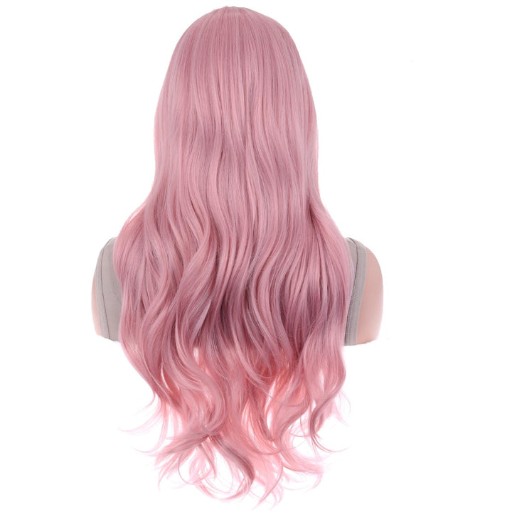 26 Inches Pink Wig Long Wavy Wig with Bangs Synthetic Wig Long Wig Pink Wigs for Daily Party with Wig Cap