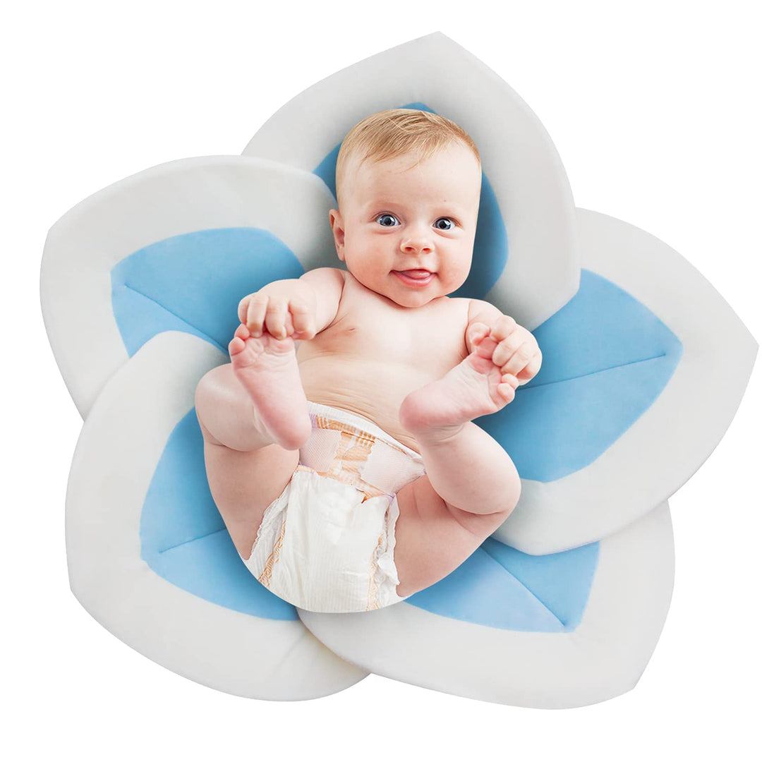 Flower Baby Bathtub Support Cushion, Anti-Slip and Soft Infant Bath Pillow for Bath Tub Sink Pad, Newborn Bathtub Mat (Blue-White2)