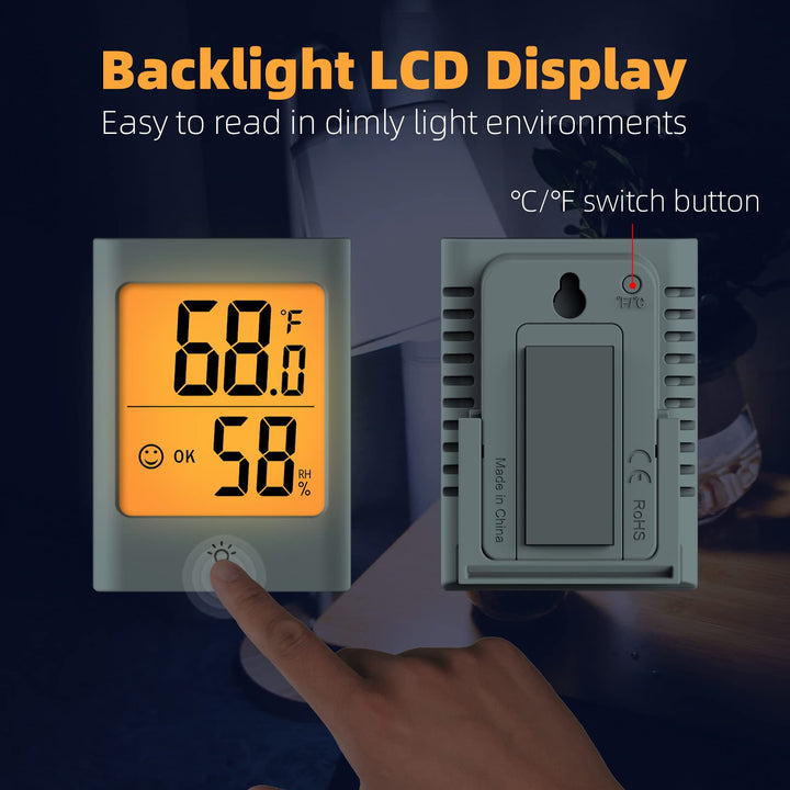 Indoor Thermometer for Home, 2pack Hygrometer Humidity Meter Humidity Sensor with Backlight for Bedroom Greenhouse Garage.
