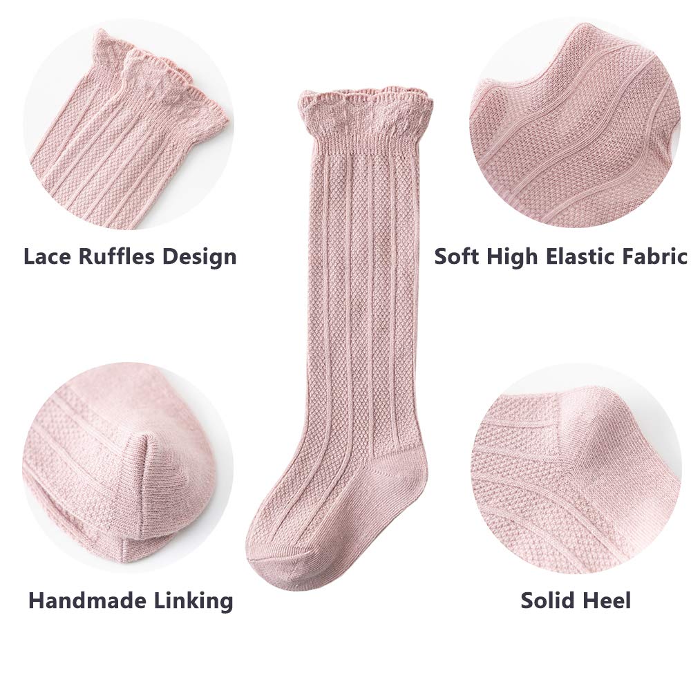 Toddler Girl Knee High Socks Baby Non-Slip Socks Infant Long Tube Ruffled Stockings Gifts 5 Pairs Bow 12-36 Months