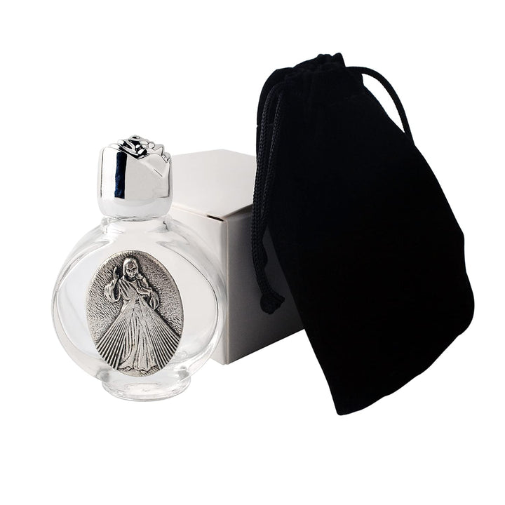 Glass Holy Water Bottle 0.5 floz with Silver-Toned Cap and Silver-Toned Depiction of The Holy Family (Divine Mercy)