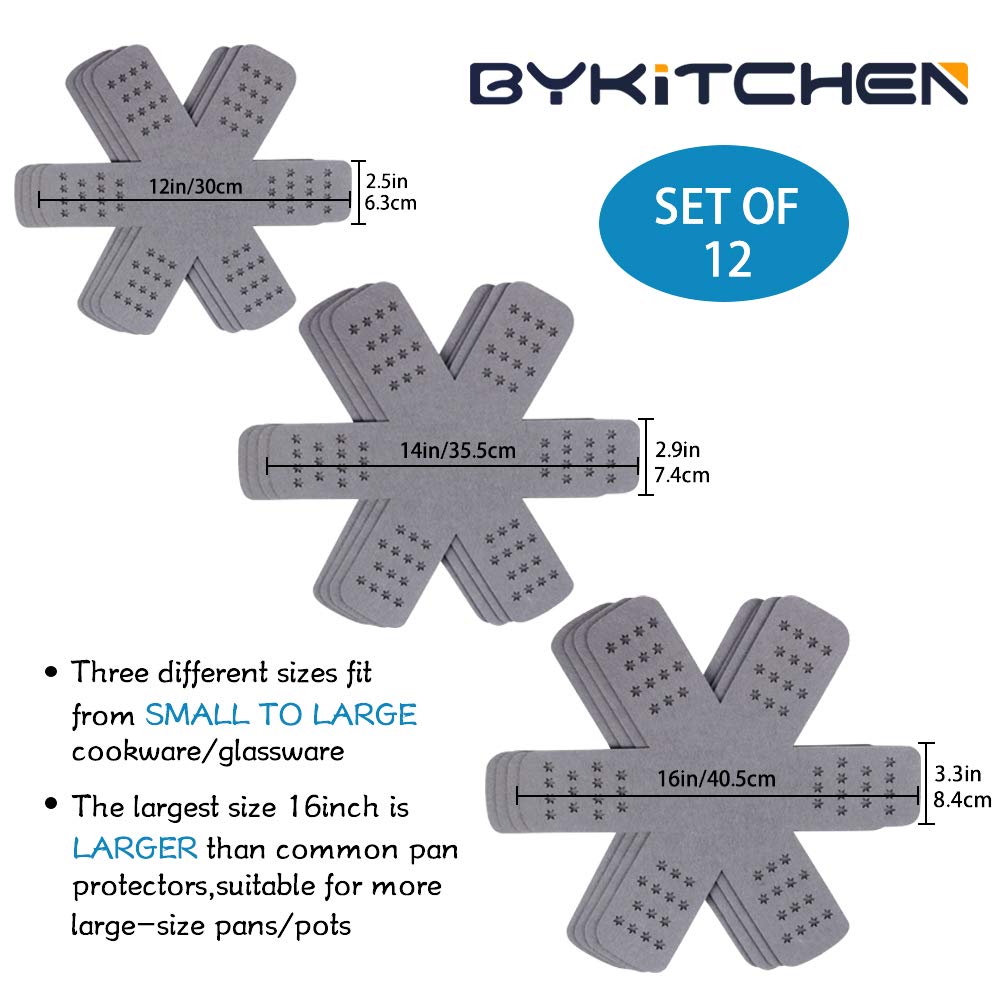 Pan Pot Protectors, Larger &amp; Thicker Pan Protector with Stars, Set of 12 and 3 Different Sizes, Gray Pot Separator Pads for Stacking and Protecting Your Cookware