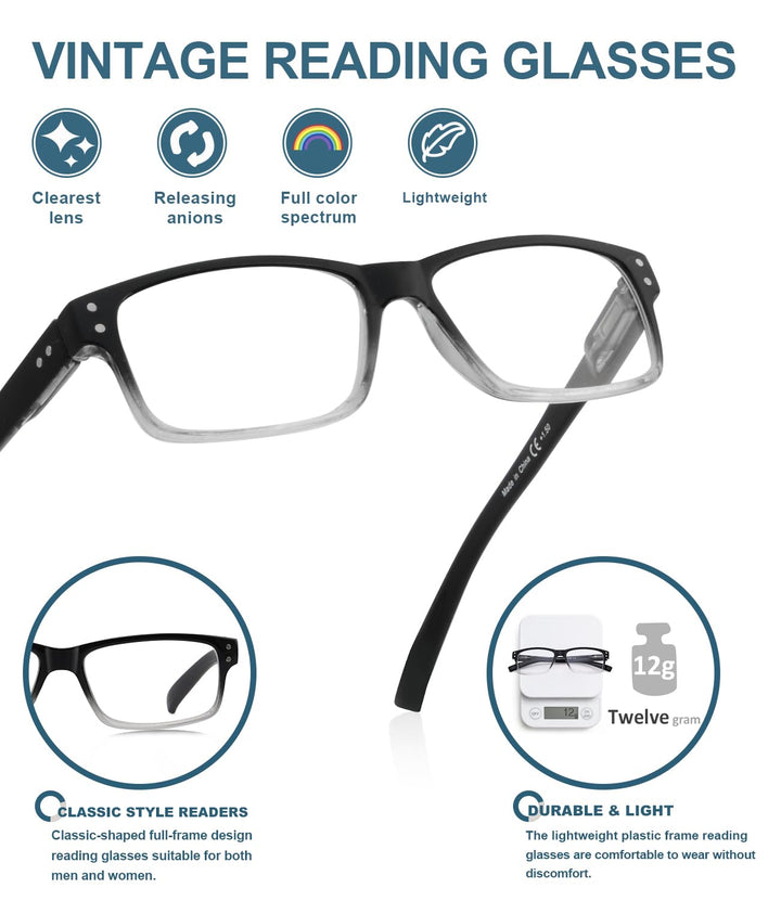 BLUELESS Vintage Reading Glasses Men Women(Black/Clear,+1.25)