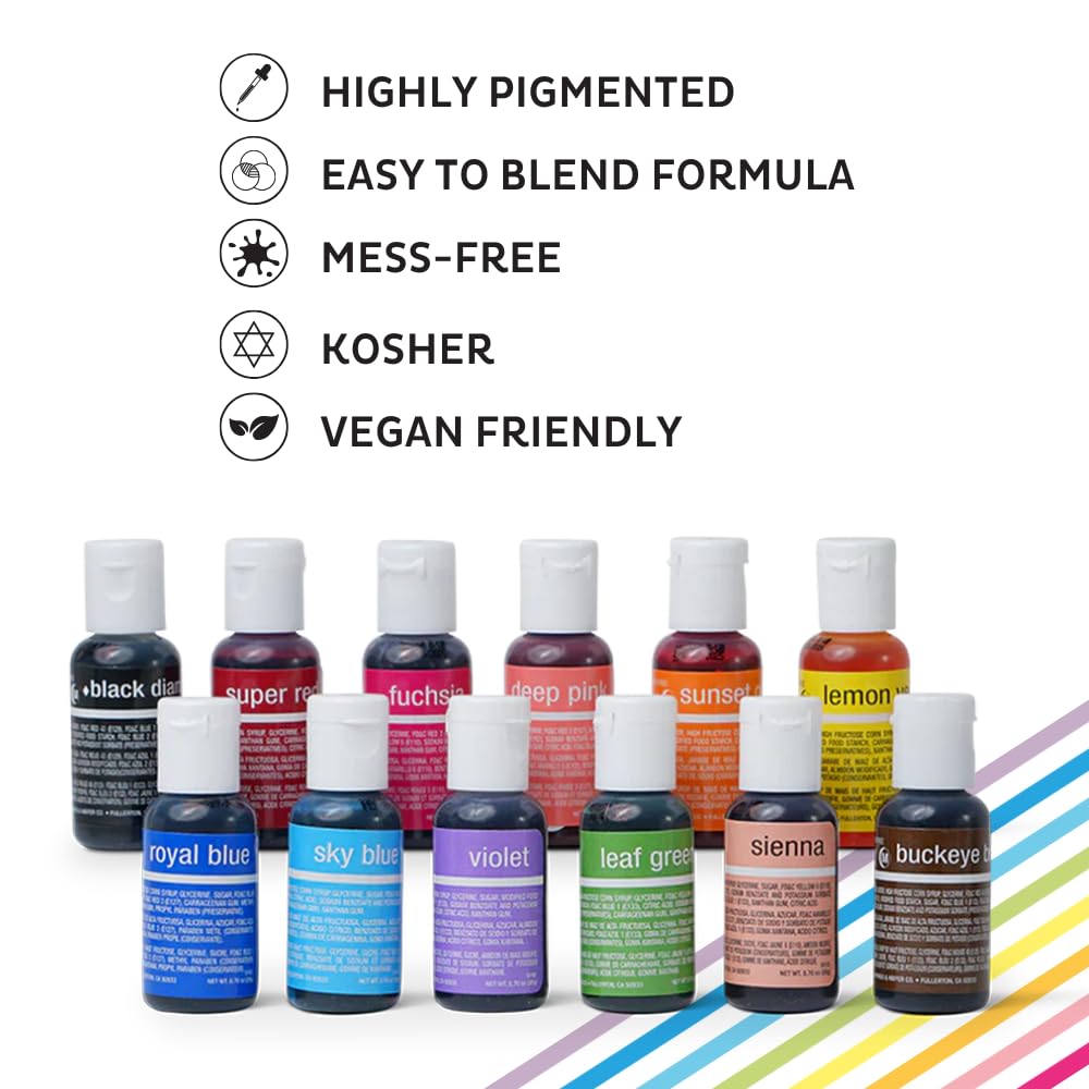 Chefmaster - Liqua-Gel Food Coloring - Fade Resistant Food Coloring - 12 Pack - Vibrant, Eye-Catching Colors, Easy-To-Blend Formula, Fade-Resistant