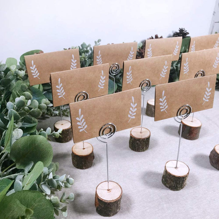 30 Pcs Rustic Wood Place Card Holders with Swirl Wire Wooden Bark Memo Holder Stand Card Photo Picture Note Clip Holders 5.8 and Kraft Place Cards Bulk for Wedding Party Table Number Name Sign