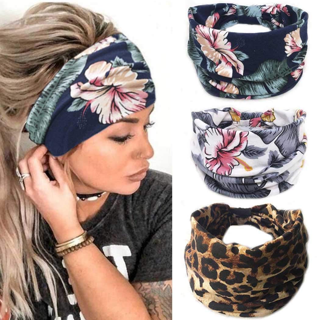 Boho Headbands Leopard Cross Hair Bands Bohemian Twist Head Wraps Stretchy Yoga Turban Headband Workout Head Scarfs Fashion Hair Accessories for Women and Girls Pack of 3