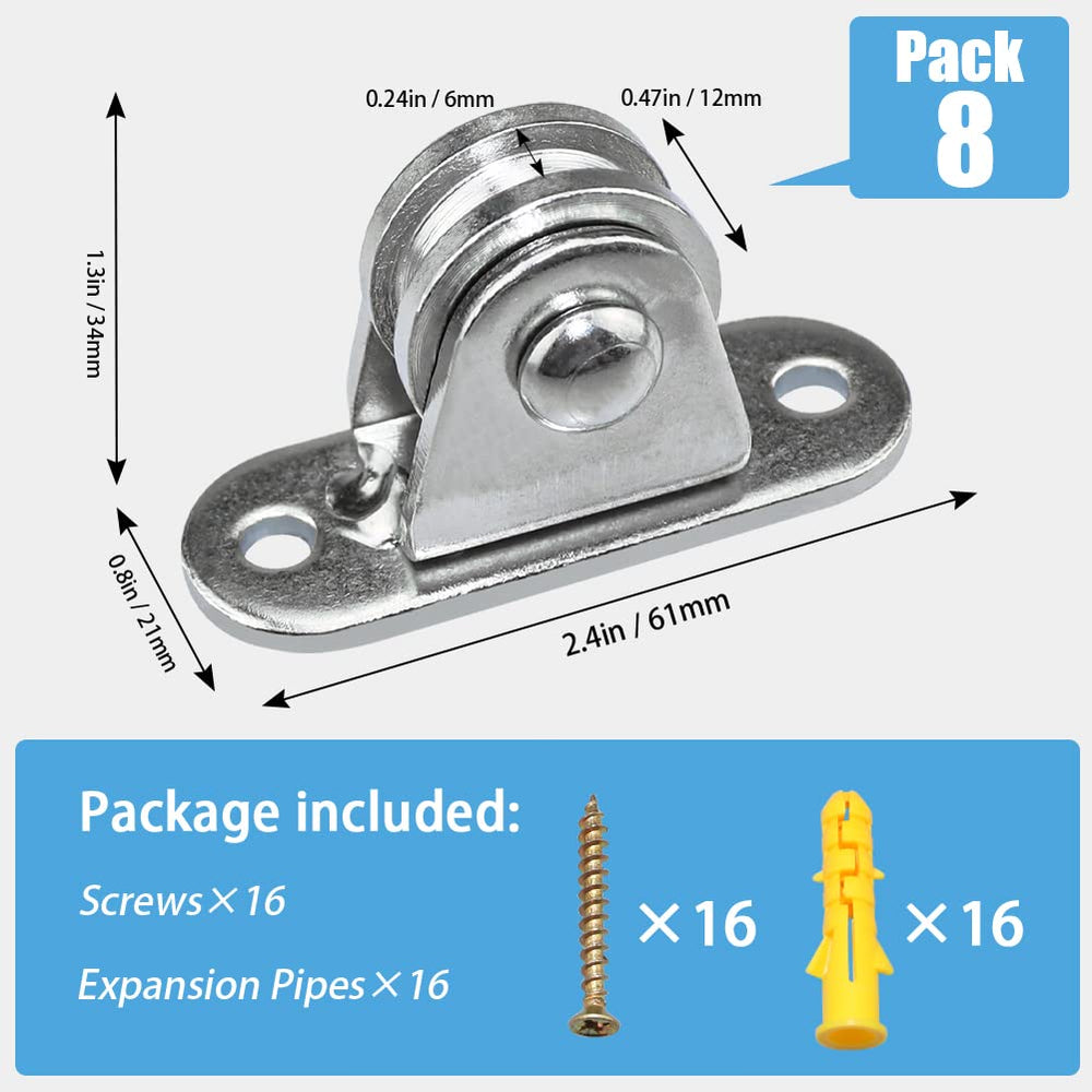 Small Pulley Block Silent Pulley Wheel Heavy Duty Fixed Pullies Loading 176 lb for Cord Material Handling Moving and DIY Project Wall Ceiling Mount Pulleys (8 Pack)
