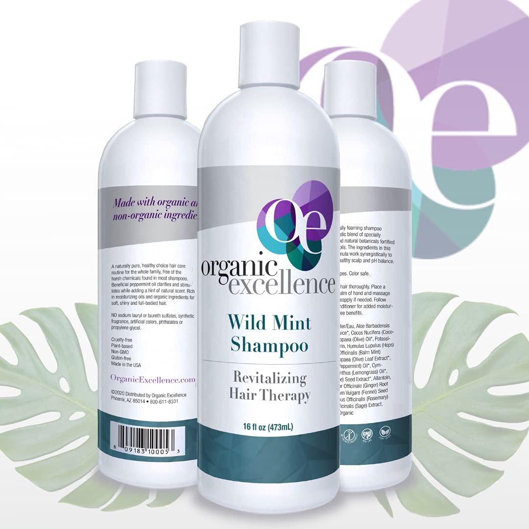 Natural Organic Shampoo, Wild Mint &amp; Rosemary, Chemical Free, Plant-Based, Toxin-Free, Cruelty-Free, Certified Herbs &amp; Oils For Healthy Full-Bodied Hair 16 fl. oz