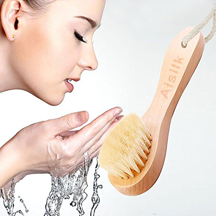 2pcs Natural Bristle Wood Handle Face Facial Skin Scrub Cleaner Cleansing Brush