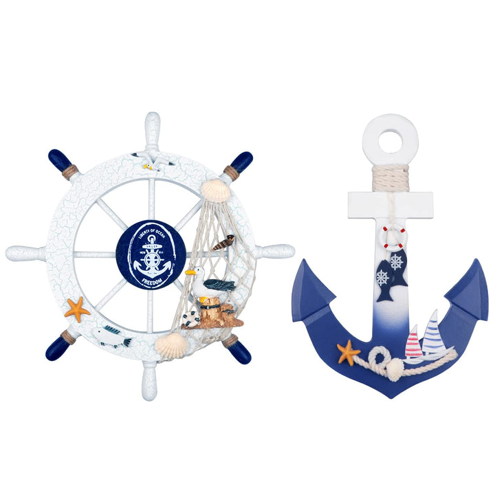2 Pack 11 Nautical Beach Wooden Ship Wheel and 11 Wooden Anchor with Rope Nautical Boat Steering Wheel Rudder Anchor Wall Art Decor Door Hanging Ornament Beach Theme Home Decoration(White&amp;Blue)