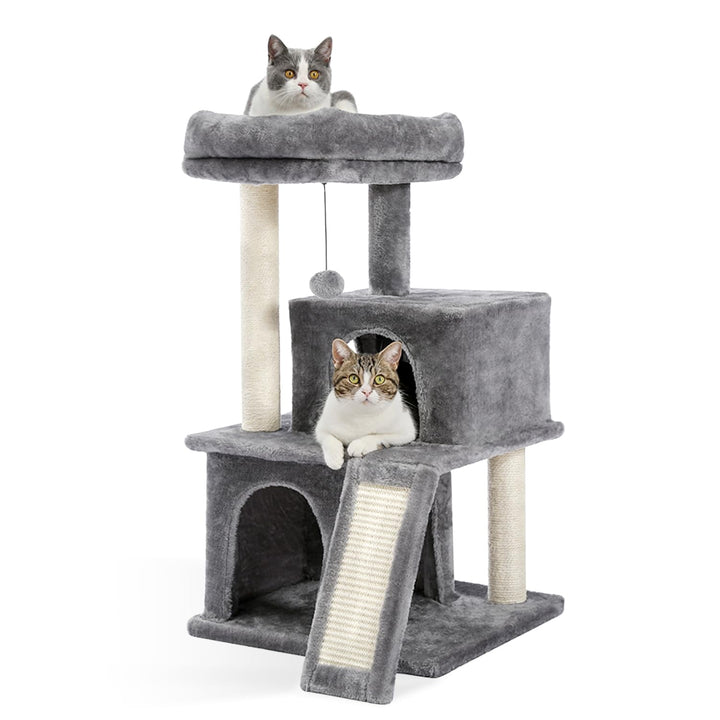34 Inches Cat Tree Multilevel Cat Tower with Double Condos, Spacious Perch, Fully Wrapped Scratching Sisal Post and Replaceable Dangling Balls Gray