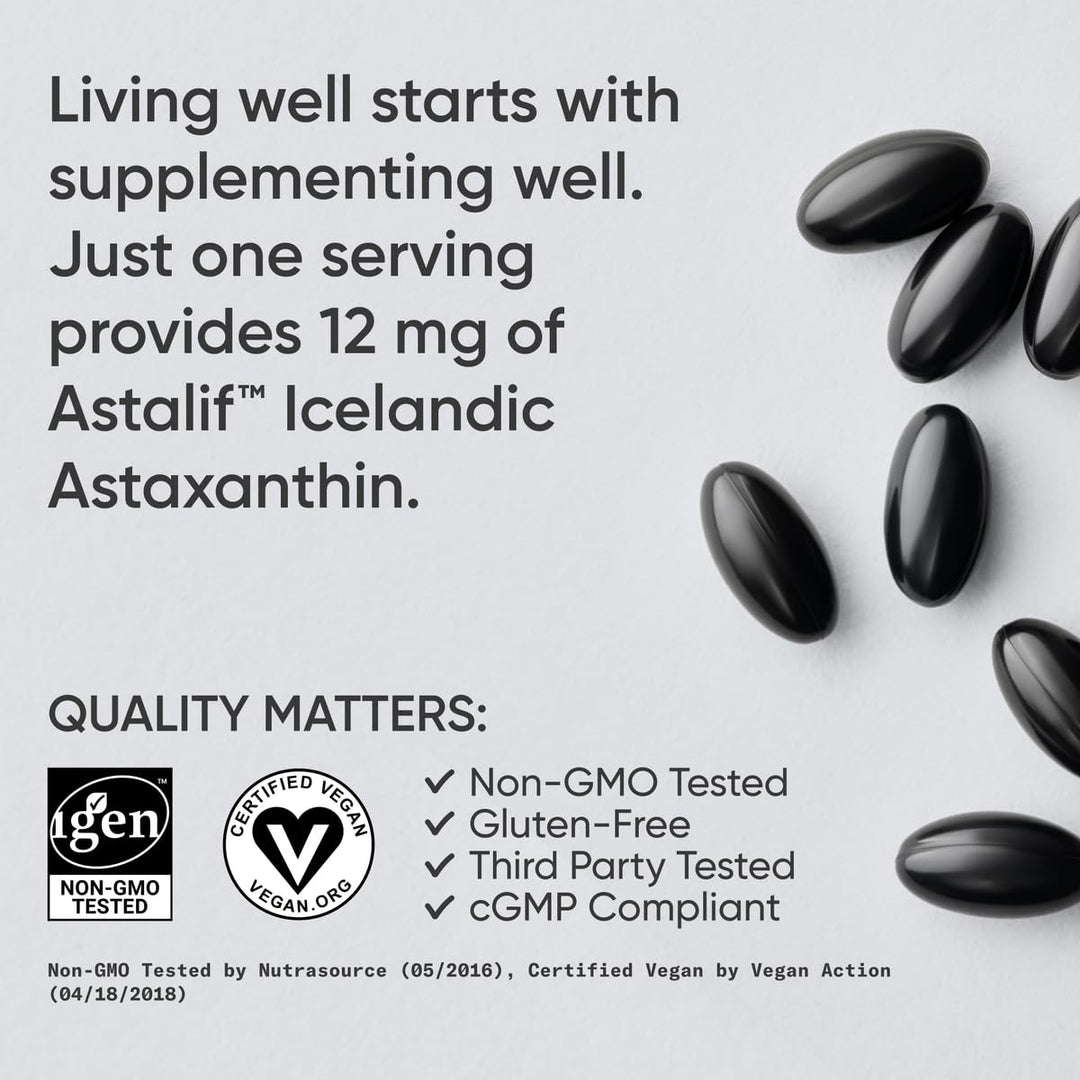 Triple Strength Vegan Astaxanthin Supplement from Algae - Plant Based Softgels for Antioxidant Activity, Skin &amp; Eye Health - Non-GMO Verified, Made with Coconut Oil - 12mg, 60 Count