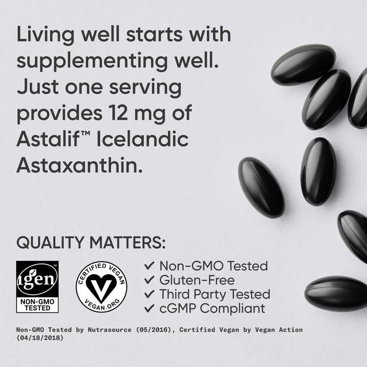 Triple Strength Vegan Astaxanthin Supplement from Algae - Plant Based Softgels for Antioxidant Activity, Skin &amp; Eye Health - Non-GMO Verified, Made with Coconut Oil - 12mg, 60 Count