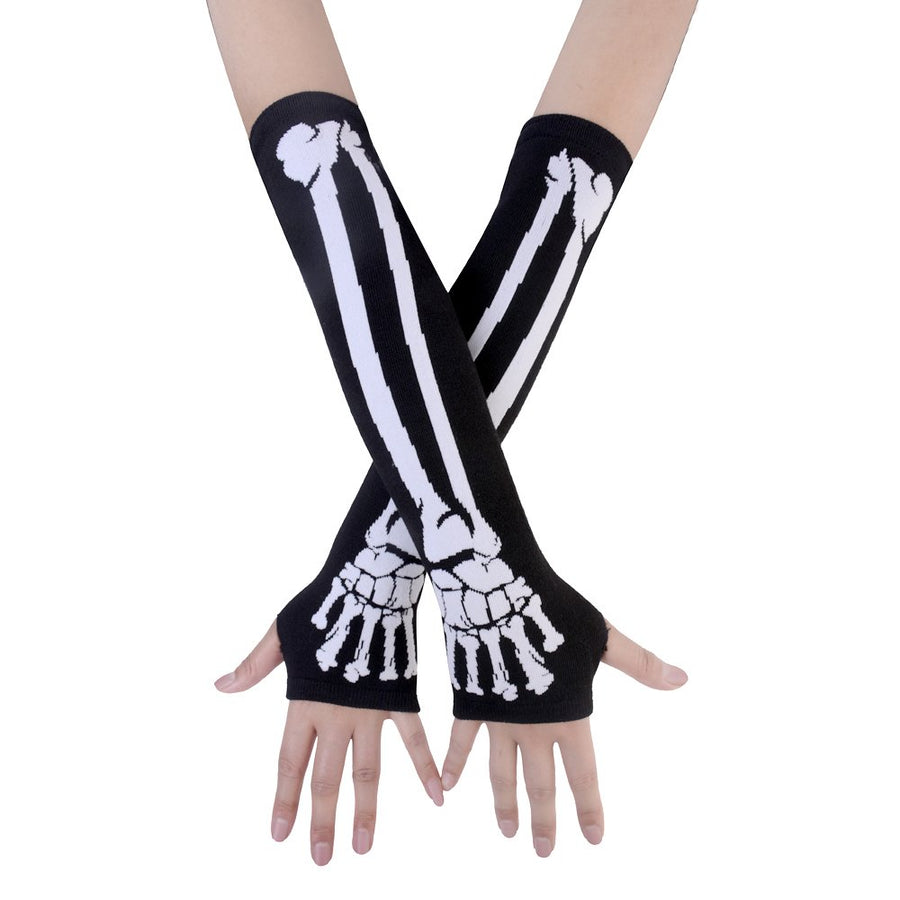 Women Punk Winter Arm Warmer Knitted Stretchy Soft Fingerless Gloves White Skeleton