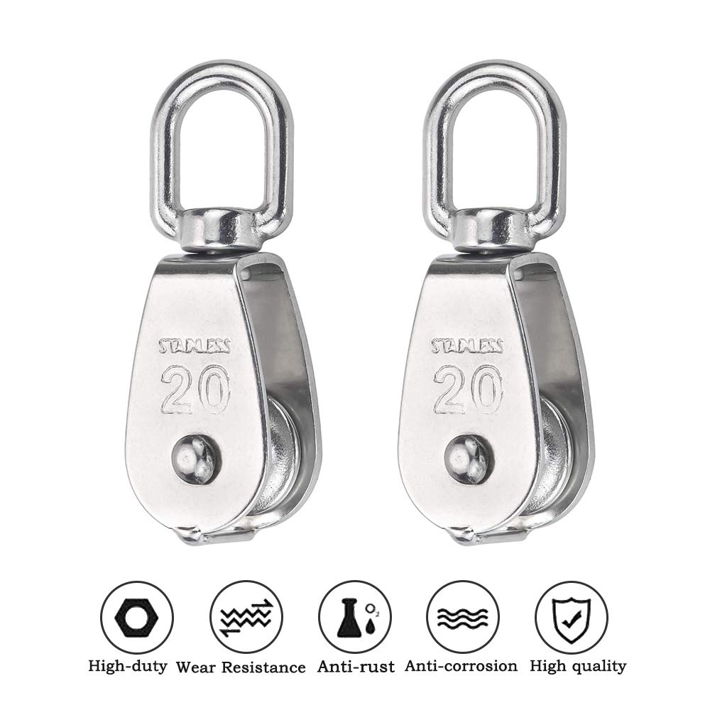 10Pcs M20 Single Pulley Block(20mm), 304 Stainless Steel Hanging Wire Pulley Roller, Swivel Lifting Wire Rope Cable Towing Wheel - Loading 75kg/165lbs