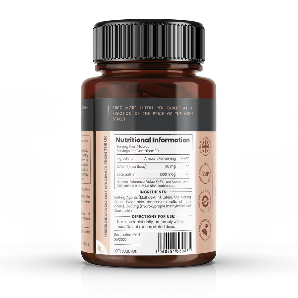 Triple Strength Lutein 30mg x 90 Tablets. with 1000mcg Zeaxanthin - 3 Months Supply