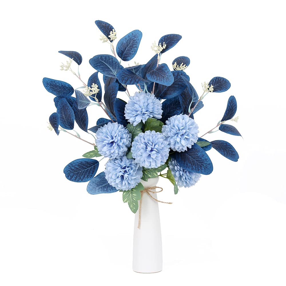 Blue Fake Flowers Bouquet Artificial Hydrangea Flowers Blue Chrysanthemum Silk Flowers for Fake Flower Arrangements Blue Decor Home Indoor Dining Table Decor (Without Vase, Dark Blue)