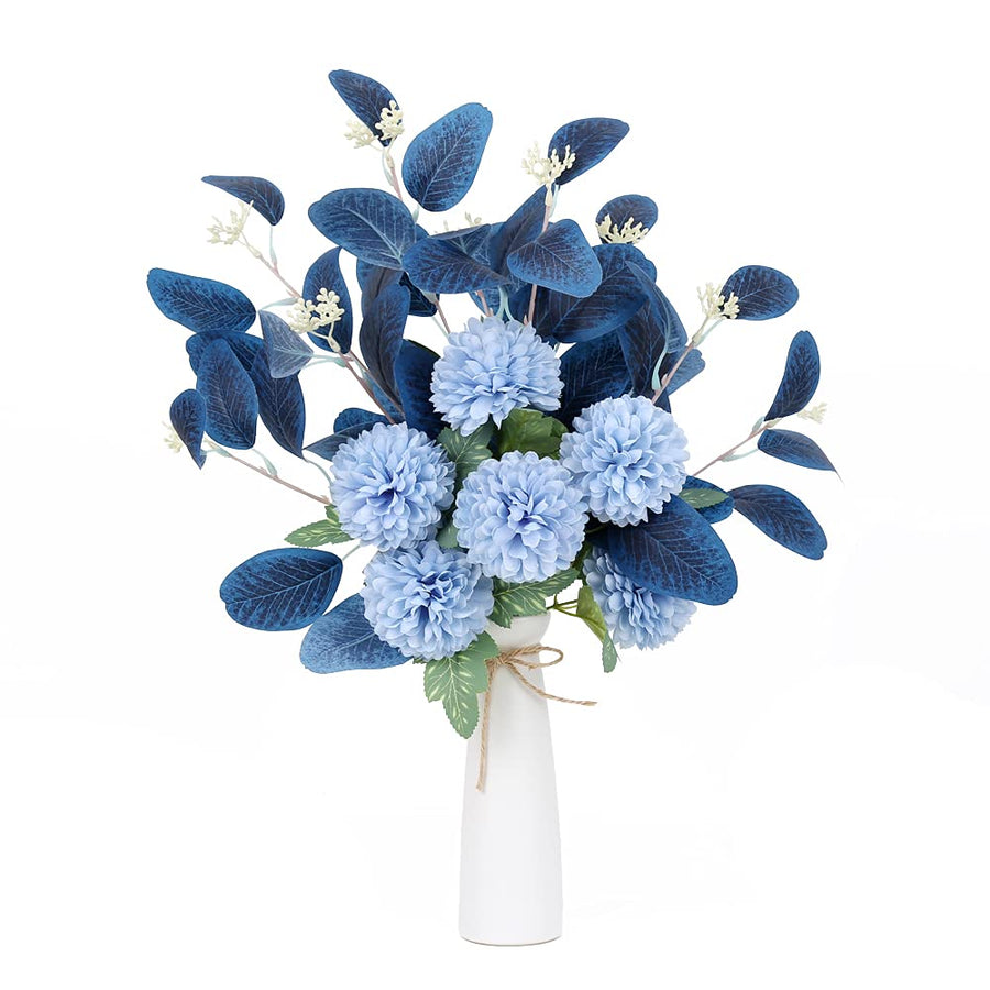 Blue Fake Flowers Bouquet Artificial Hydrangea Flowers Blue Chrysanthemum Silk Flowers for Fake Flower Arrangements Blue Decor Home Indoor Dining Table Decor (Without Vase, Dark Blue)
