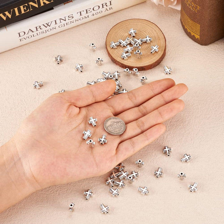 100Pcs Antique Silver Tiny Cross Spacer Beads 10x8mm Tibetan Metal Crucifix Cross Holy Charm Beads for Jewelry Maing Hole: 2mm