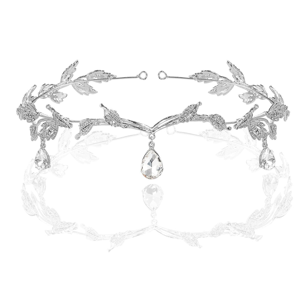 Elegant Rhinestone Leaf Wedding Bridal Bridesmaid Forehead Band Dangle Rhinestone Bridal Tiara Crown with Gift Box , Silver, One size