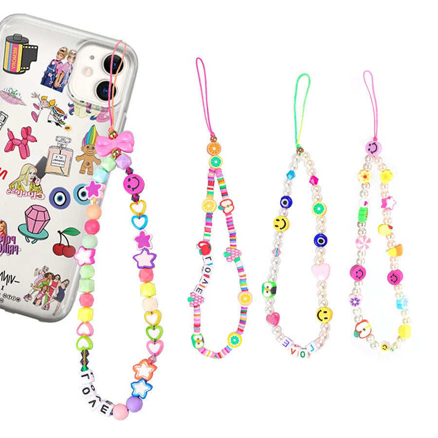Beaded Phone Charm Strap, 4 Pcs Handmade Phone Chain Phone Bracelet Lanyard Wrist Fruit Star Pearl Rainbow Color Beaded for Women Summer Beach Accessory