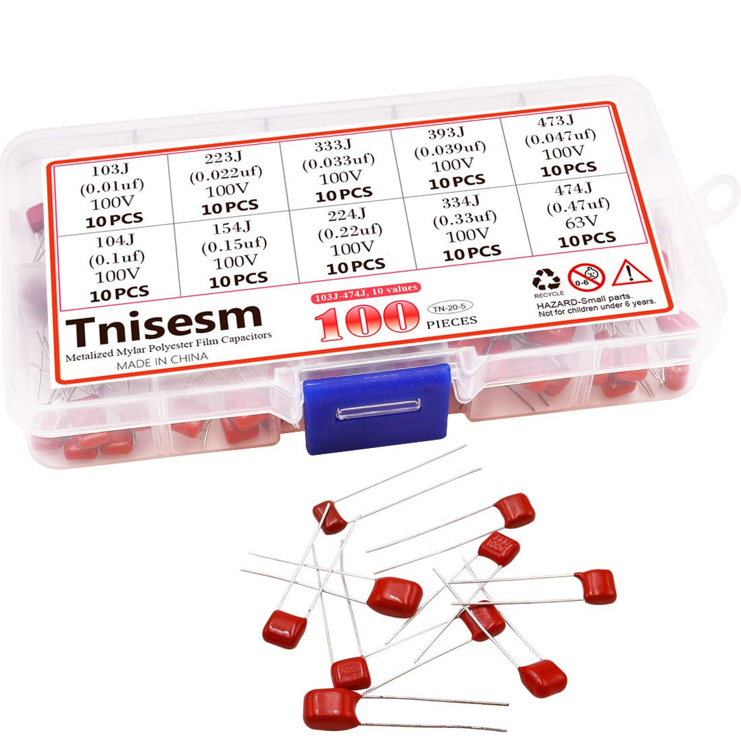 100 Pcs 10 Value Metalized Mylar Polyester Film Capacitors Assortment Kit 103nF - 474nF 100V and 63V in a Box Tn-20-5