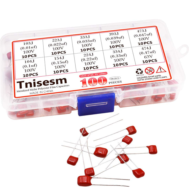100 Pcs 10 Value Metalized Mylar Polyester Film Capacitors Assortment Kit 103nF - 474nF 100V and 63V in a Box Tn-20-5