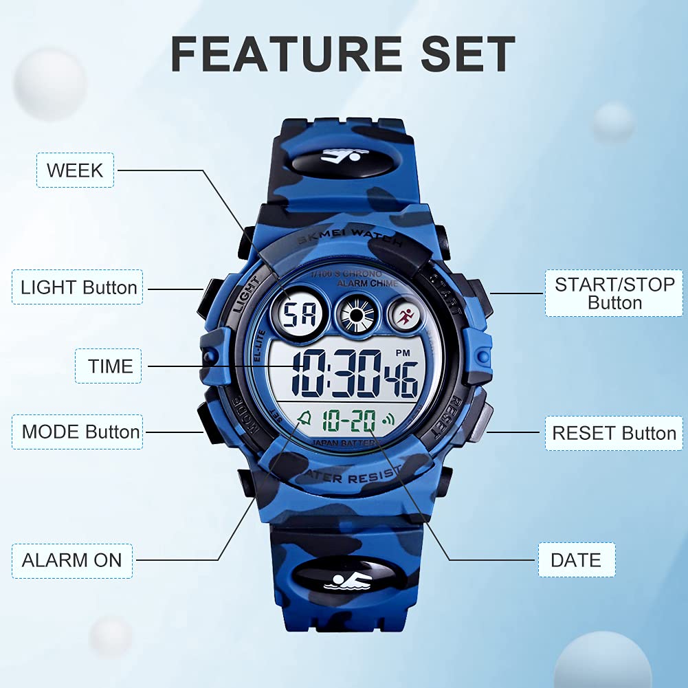Watches for Kids Digital Sport Waterproof Boys Watch Outdoor 12/24 H Alarm EL Backlight Stopwatch Military Child Wristwatch Ages 3-15 (Camouflage Dark Blue)
