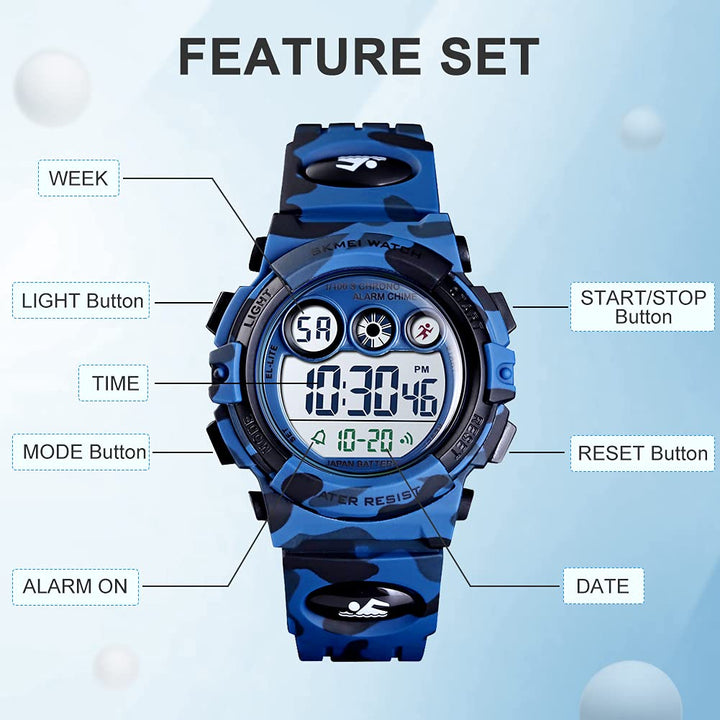 Watches for Kids Digital Sport Waterproof Boys Watch Outdoor 12/24 H Alarm EL Backlight Stopwatch Military Child Wristwatch Ages 3-15 (Camouflage Dark Blue)