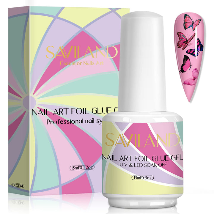 Saviland Nail Foil Glue - 15ml Nail Foil for Foil Transfer Gel, Nail Foil Sheets on Gel Nail Polish, Acrylic Nail Kit, Glue Transfer Soak-Off U V LED Gel for Home DIY Manicure Decoration or Nail Salon