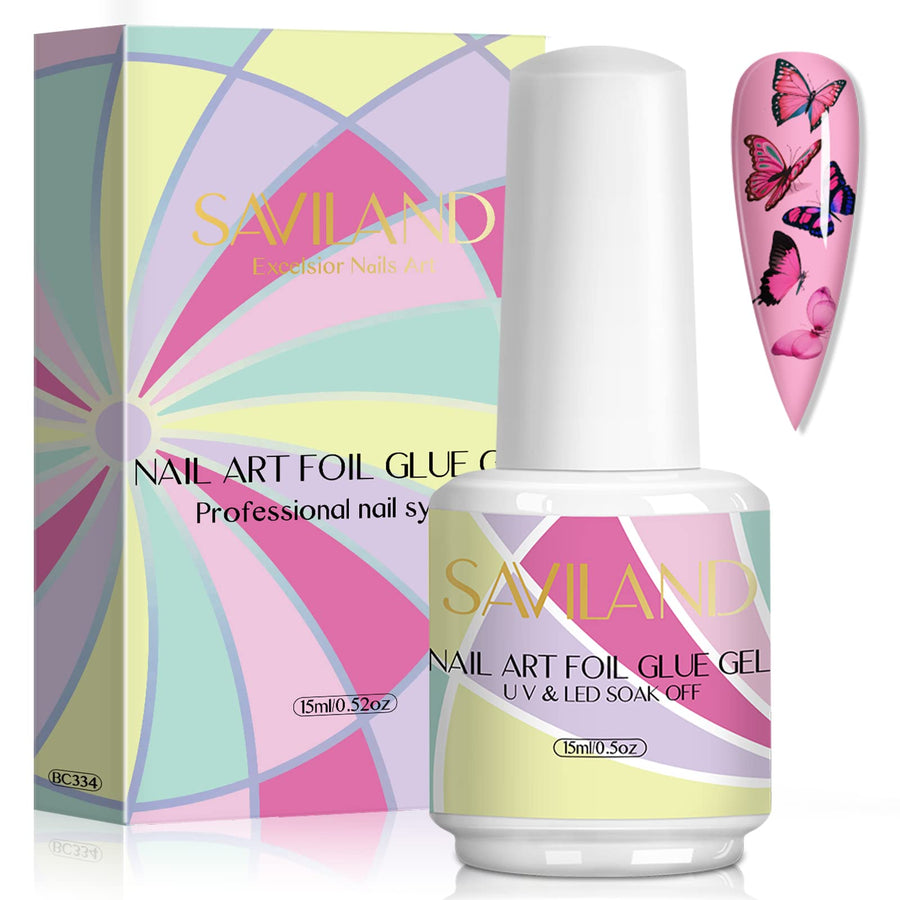 Saviland Nail Foil Glue - 15ml Nail Foil for Foil Transfer Gel, Nail Foil Sheets on Gel Nail Polish, Acrylic Nail Kit, Glue Transfer Soak-Off U V LED Gel for Home DIY Manicure Decoration or Nail Salon