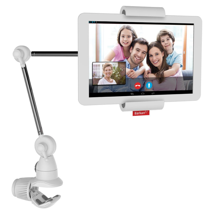 Tablet Mount Holder for 7-12 inch Devices, Portable Multi-Position, 360 Degree Rotation Bracket, fits Apple iPad/Air/Mini, Samsung Galaxy Tab, Firm Clamp, Multi Surface White and Silver