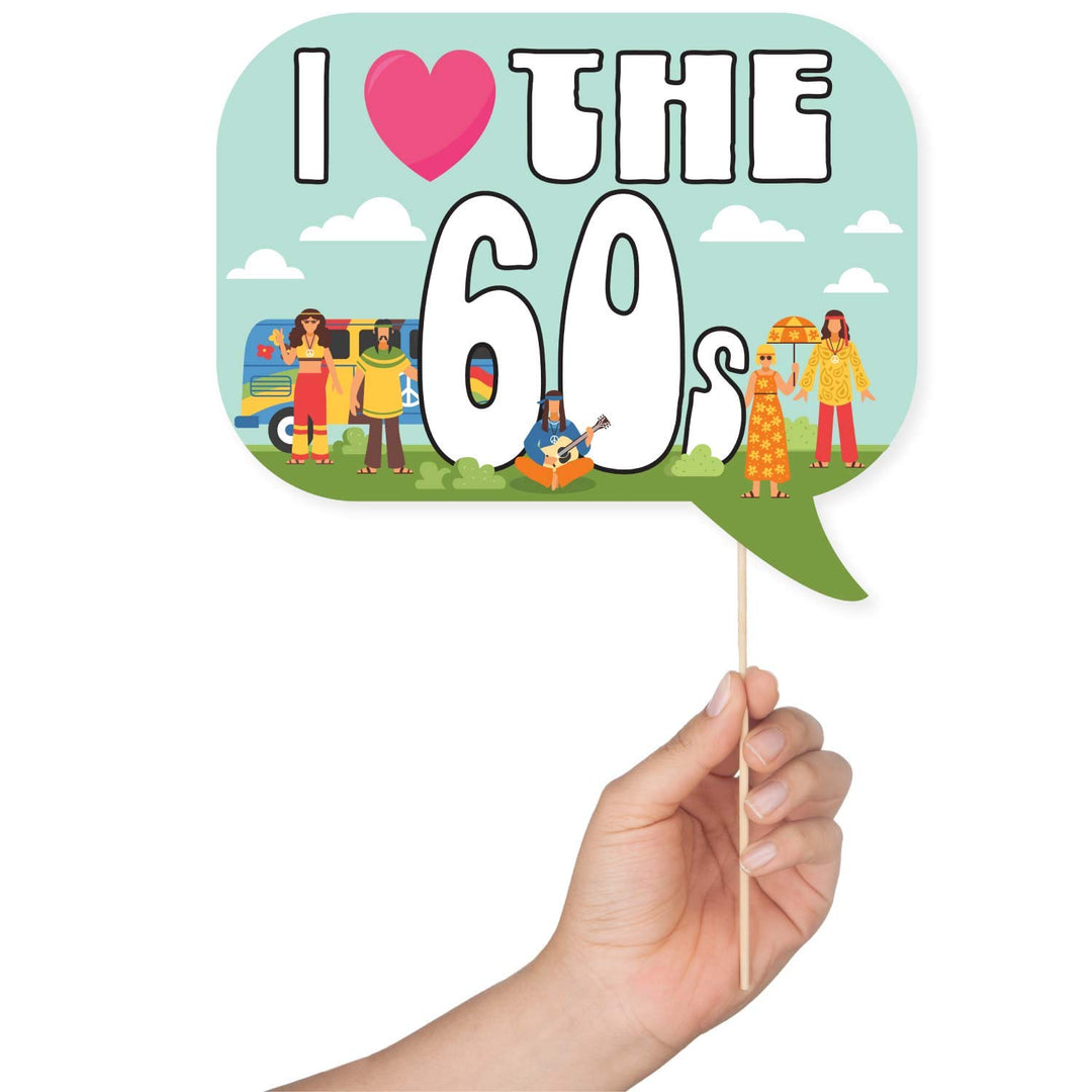 60s Photo Booth Props - 41-pc Photo Booth Kit with 8 x 10-Inch Sign, 60 Adhesive Pads, 45 Sticks - Hippie Photo Booth Props - 1960 Party Supplies - Props for Woodstock Party