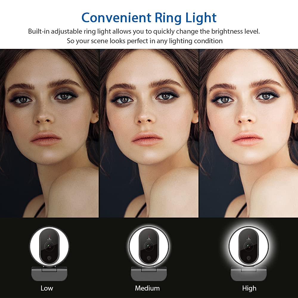 N680E 1080P Webcam with Ring Light, Privacy Cover and Dual Microphone, Advanced Auto-Focus, Adjustable Brightness, Streaming Web Camera for Zoom Skype Facetime, PC Mac Laptop Desktop