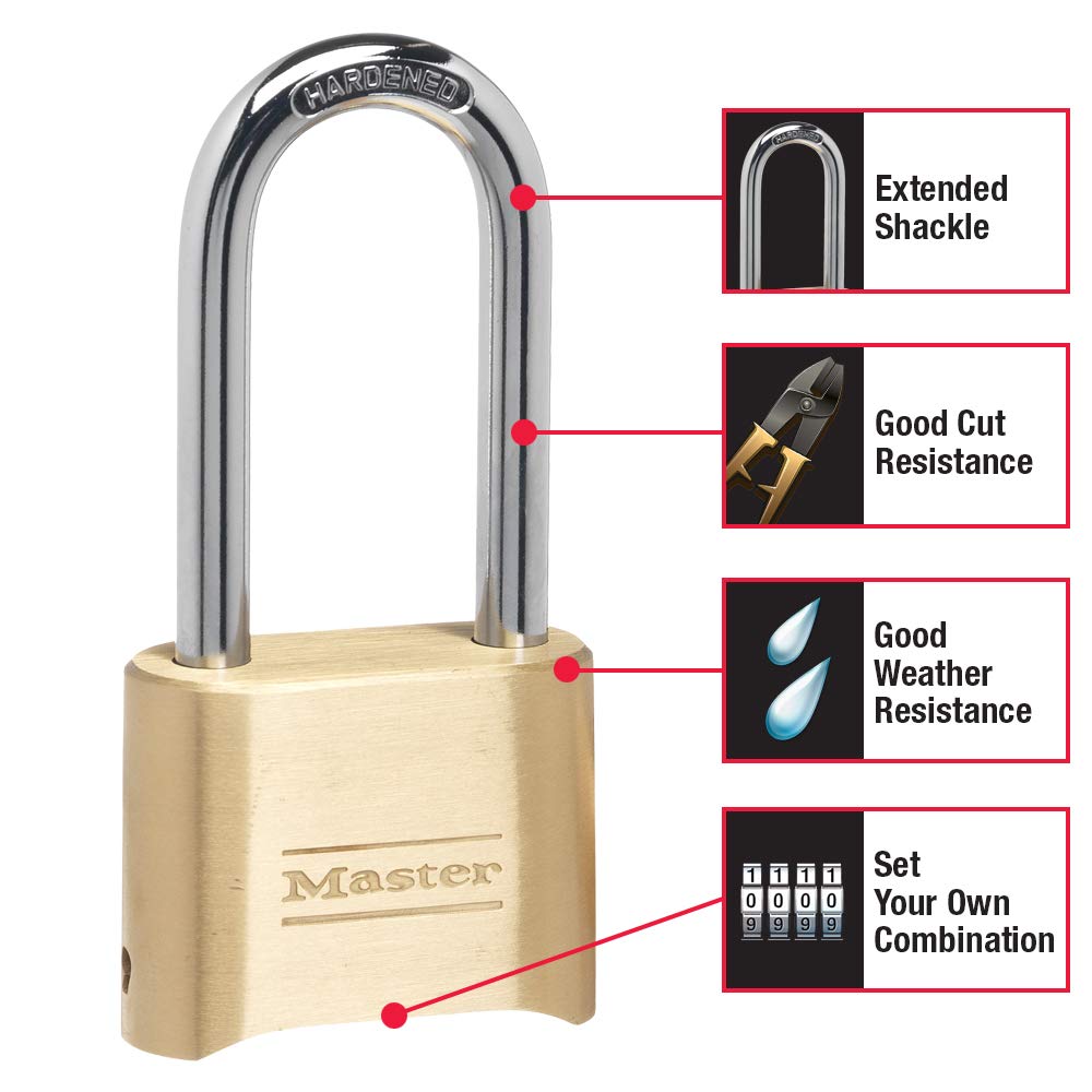 Brass Combination Lock, Gate Lock for Outdoor Fence or Shed, Customizable Combination Padlock with Extended 2-1/4-Inch-Long Shackle, 175DLH