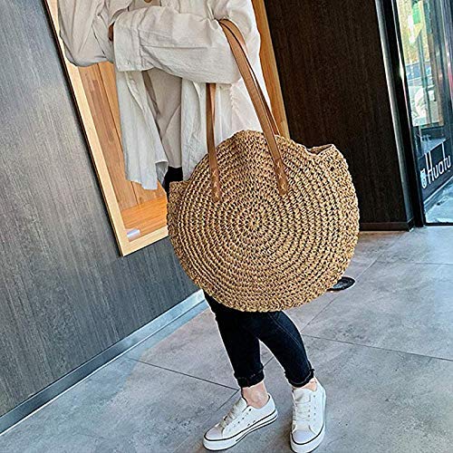 Round Straw Bag Handwoven Natural Summer Beach Shoulder Bag Rattan Crossbody Purse for Women (brown) One Size