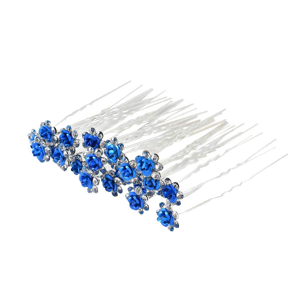 Royal Blue Set: Insowni 40Pcs Bridal Wedding Rhinestone Rose Flower U-Shaped Hair Pins &amp; 6Pcs Twist Pearl Hairpins Headpiece Set In Gift Box For Women Girls Bridesmaid (Royal Blue