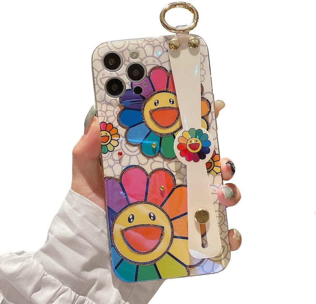 for iPhone 13 Pro Case Cute with Wrist Strap Kickstand Glitter Bling Cartoon IMD Soft TPU Shockproof Protective Cases Cover for Girls and Women - Sunflower