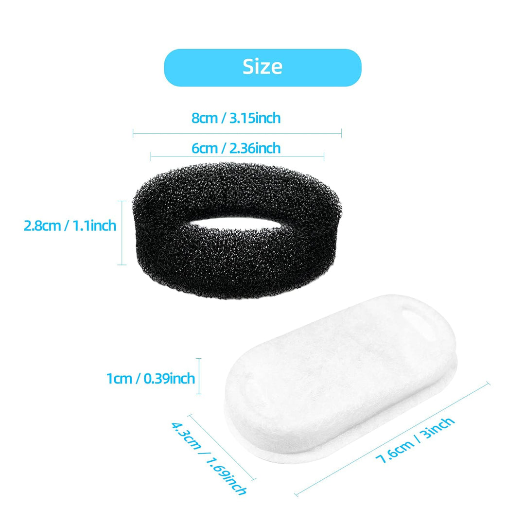 Official Replacement Filters for Tomxcute Cat Water Fountain 108oz/3.2L and 135oz/4.0L, 8 Pack Filters &amp; 8 Sponges Foam Filter
