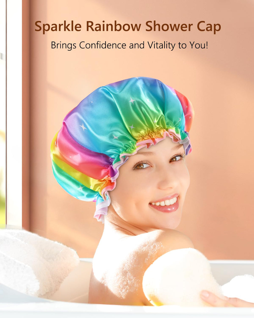 Sparkle Rainbow Shower Cap for Women and Girls, Double Layer Waterproof, Large size, Reusable, Washable, No Smell,Fashion Shower Cap (Pack of 1)