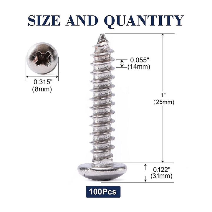 #8 x 1 Wood Screw 100Pcs 18-8 (304) Stainless Steel Pan Head Fast Self Tapping Drywall Screws by SG TZH