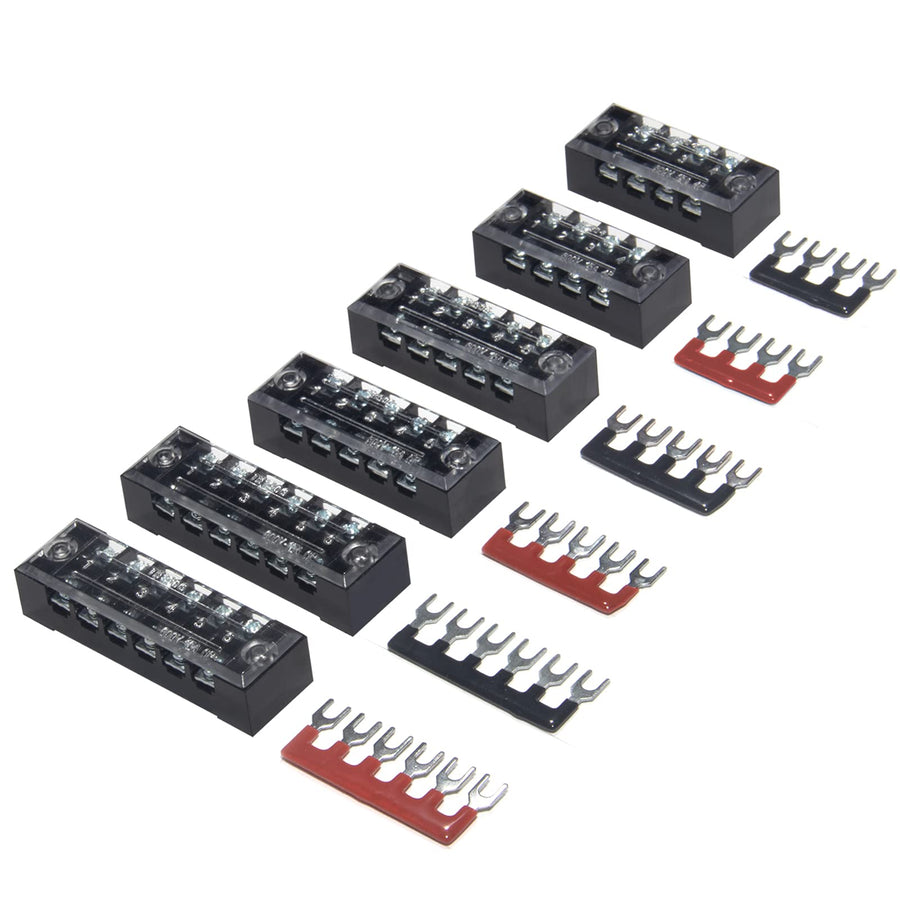 Terminal Block and Strip - 6 Sets 4/5/6 Positions 600V 15A Dual Row Wire Screw Terminal Strip Block with Cover + 400V 15A Pre-Insulated Terminals Barrier Strips Jumpers (Black & Red)