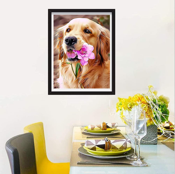 Round Full Drill Diamond Painting Kit, 5D DIY Golden Retriever Paint with Diamonds Pet Dog Diamond Dots Arts Crafts Set for Adult Love Dog Diamond Painting Room Decor (12X16 inches)