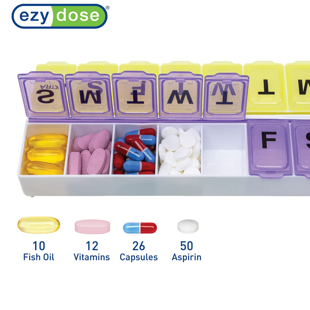 EZY DOSE Weekly (14-Day) Pill Case, Medicine Planner, Vitamin Organizer, Large Snap Compartments, Easy-To-Open, BPA Free, Color May Vary, BPA Free